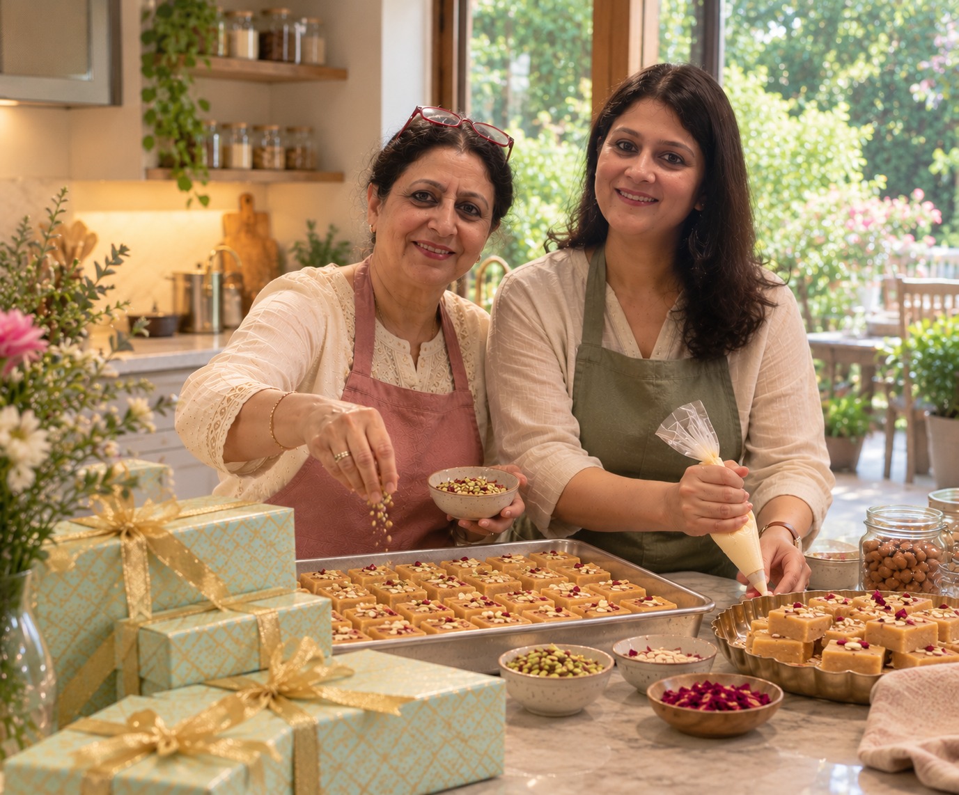 Sandhya and her mother preparing handmade sweets together in a bright kitchen overlooking the garden